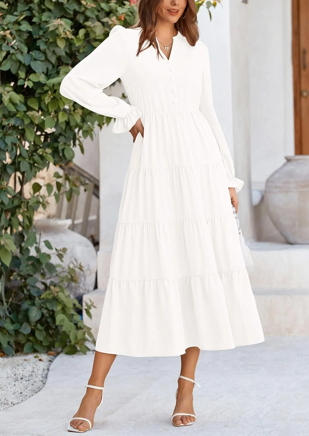 PRETTYGARDEN Women's Fall Maxi Dress Long Sleeve V Neck Tiered A Line Ruffle Elegant Flowy Spring Cocktail Party Dresses