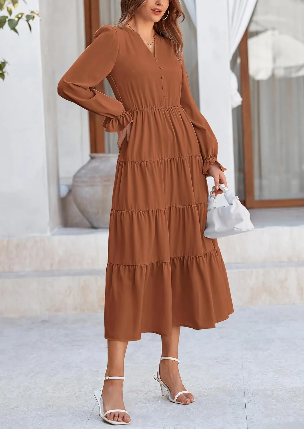 PRETTYGARDEN Women's Fall Maxi Dress Long Sleeve V Neck Tiered A Line Ruffle Elegant Flowy Spring Cocktail Party Dresses