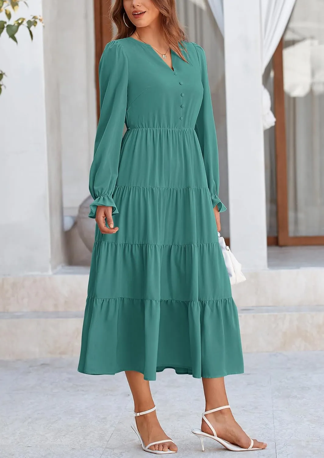 PRETTYGARDEN Women's Fall Maxi Dress Long Sleeve V Neck Tiered A Line Ruffle Elegant Flowy Spring Cocktail Party Dresses