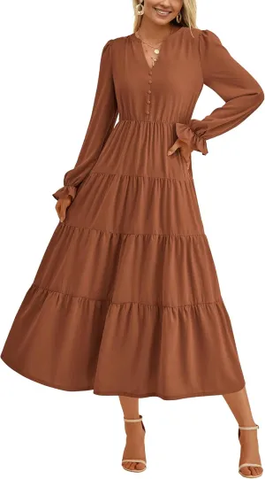 PRETTYGARDEN Women's Fall Maxi Dress Long Sleeve V Neck Tiered A Line Ruffle Elegant Flowy Spring Cocktail Party Dresses