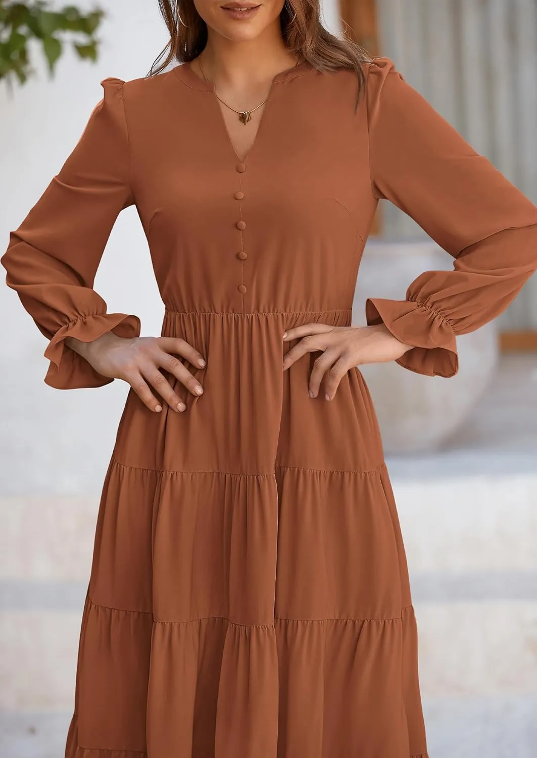PRETTYGARDEN Women's Fall Maxi Dress Long Sleeve V Neck Tiered A Line Ruffle Elegant Flowy Spring Cocktail Party Dresses