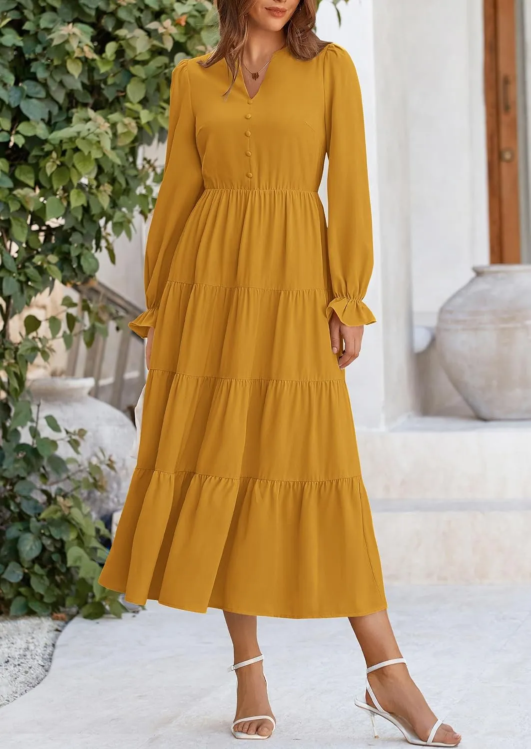 PRETTYGARDEN Women's Fall Maxi Dress Long Sleeve V Neck Tiered A Line Ruffle Elegant Flowy Spring Cocktail Party Dresses