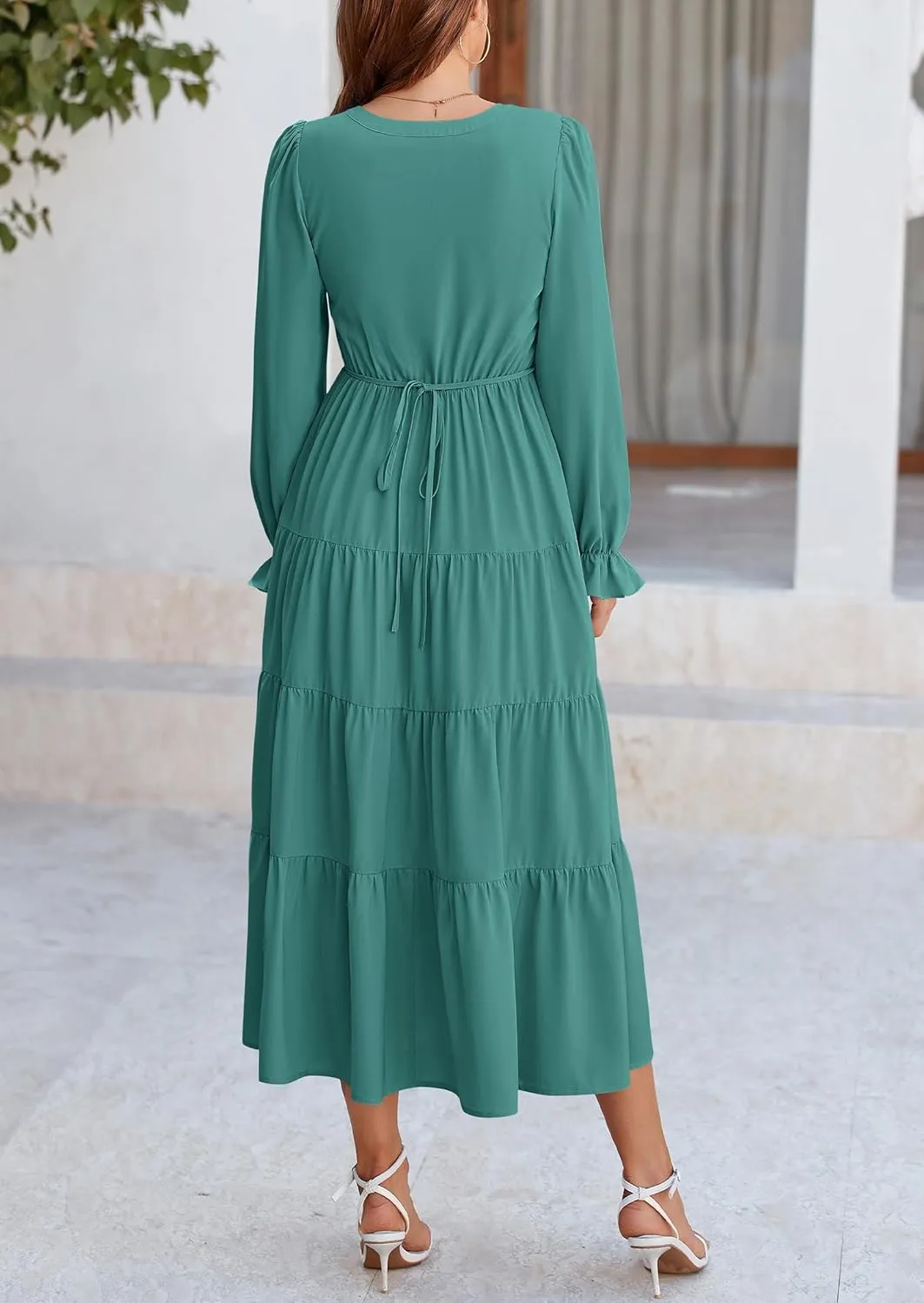 PRETTYGARDEN Women's Fall Maxi Dress Long Sleeve V Neck Tiered A Line Ruffle Elegant Flowy Spring Cocktail Party Dresses