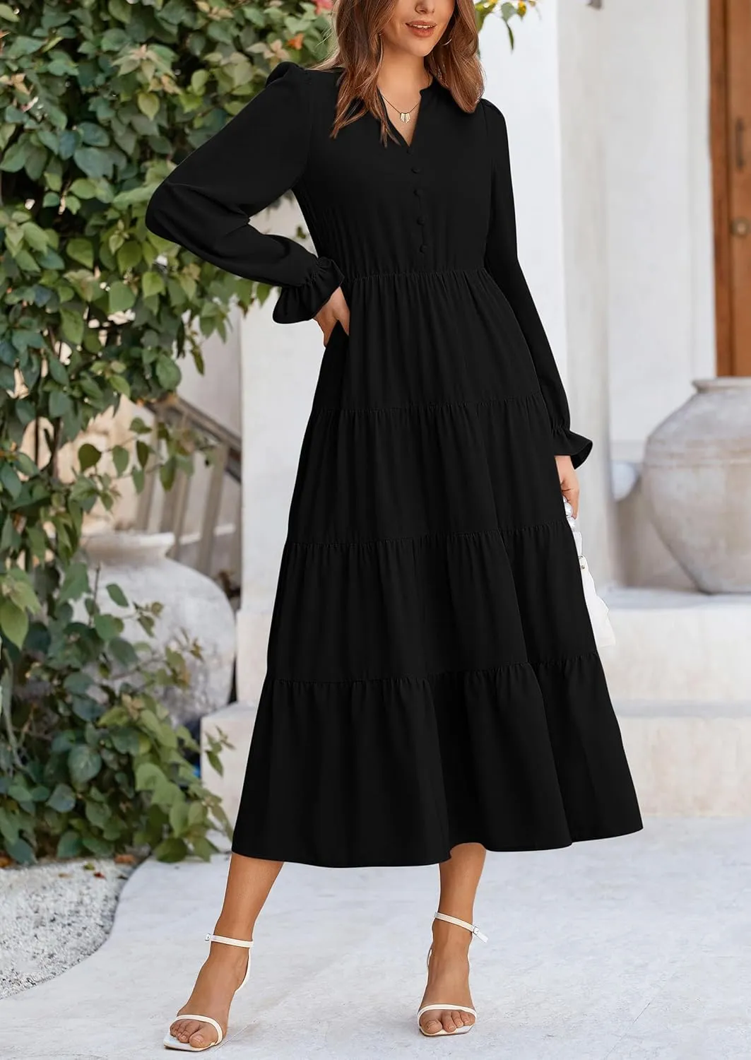 PRETTYGARDEN Women's Fall Maxi Dress Long Sleeve V Neck Tiered A Line Ruffle Elegant Flowy Spring Cocktail Party Dresses