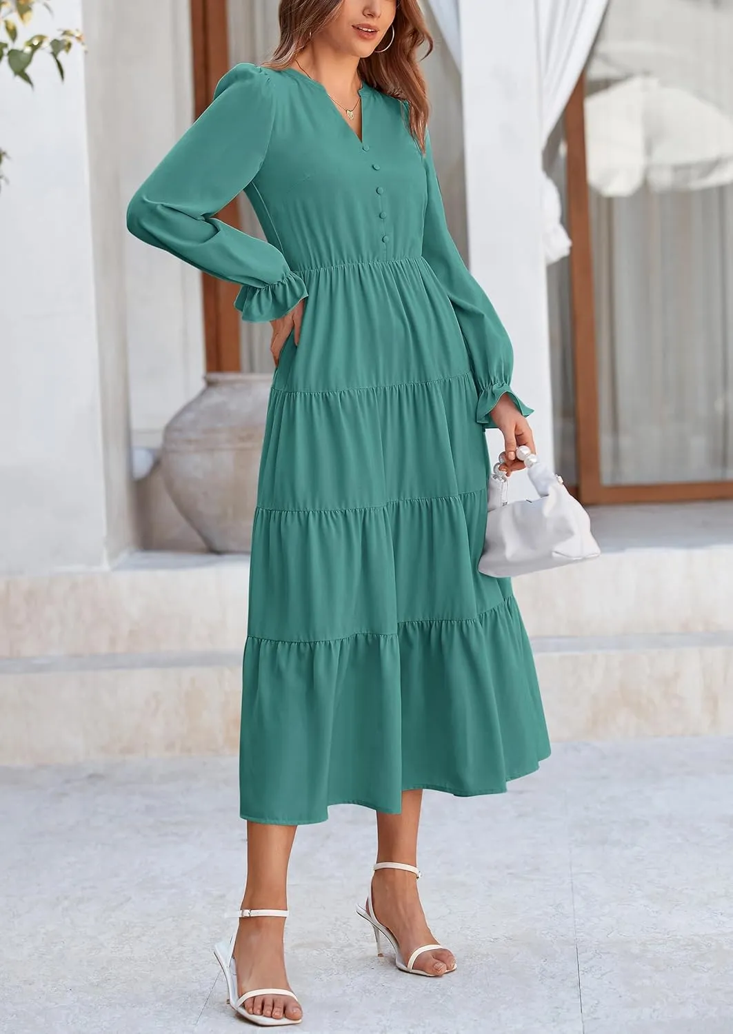 PRETTYGARDEN Women's Fall Maxi Dress Long Sleeve V Neck Tiered A Line Ruffle Elegant Flowy Spring Cocktail Party Dresses