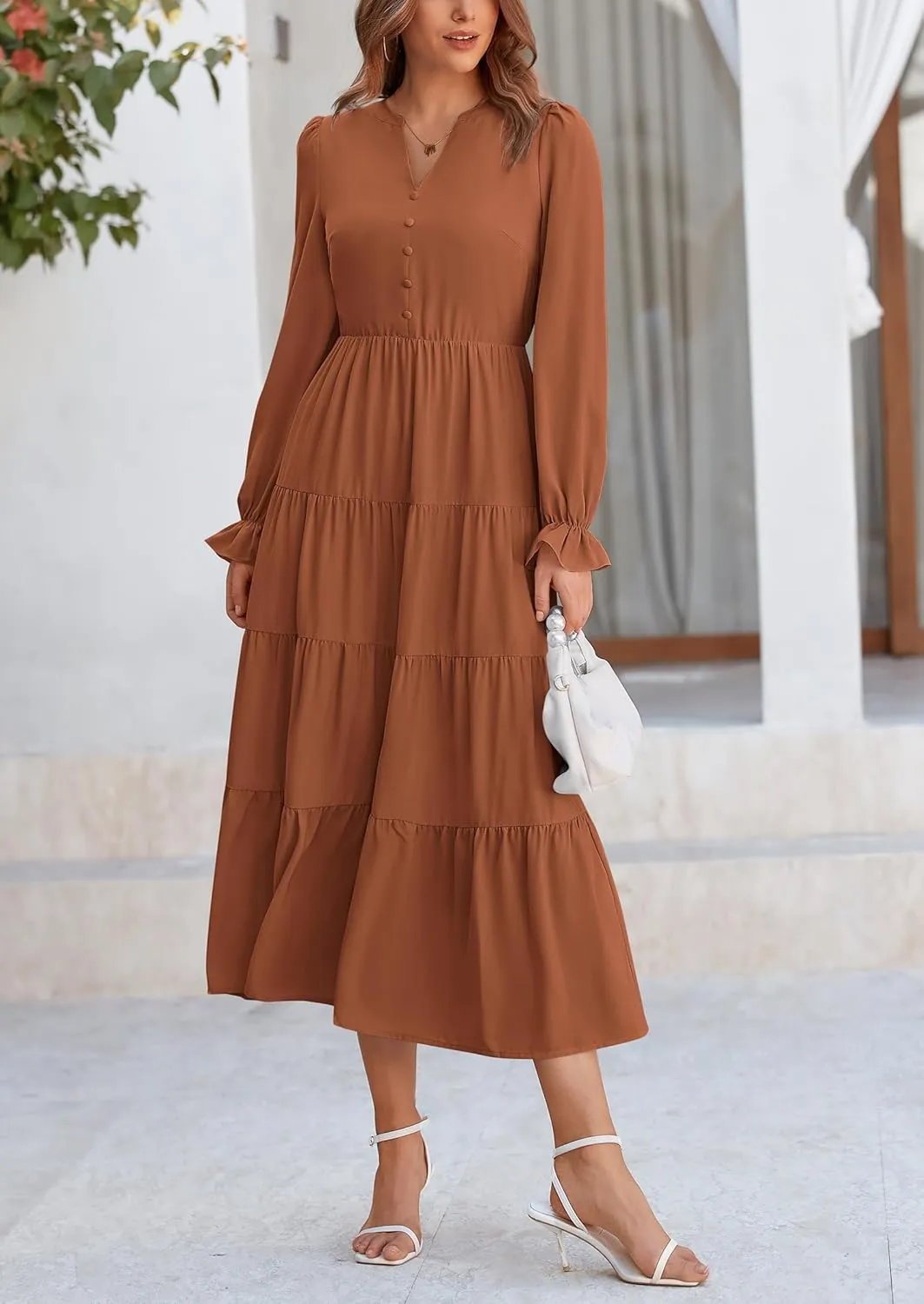 PRETTYGARDEN Women's Fall Maxi Dress Long Sleeve V Neck Tiered A Line Ruffle Elegant Flowy Spring Cocktail Party Dresses