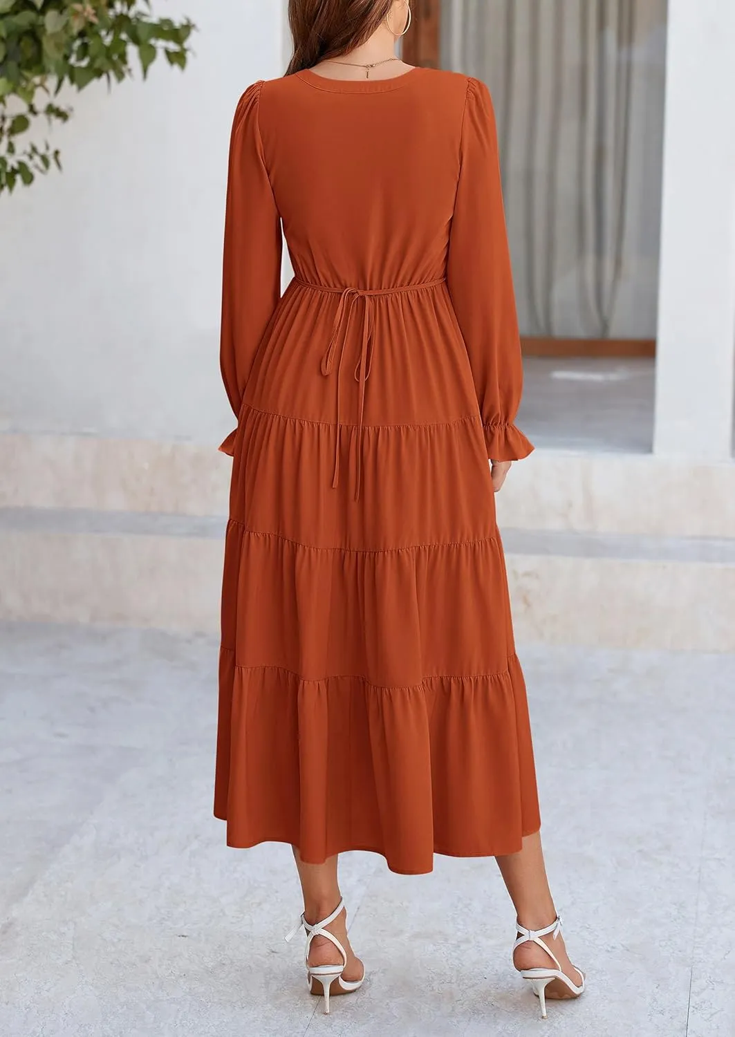 PRETTYGARDEN Women's Fall Maxi Dress Long Sleeve V Neck Tiered A Line Ruffle Elegant Flowy Spring Cocktail Party Dresses