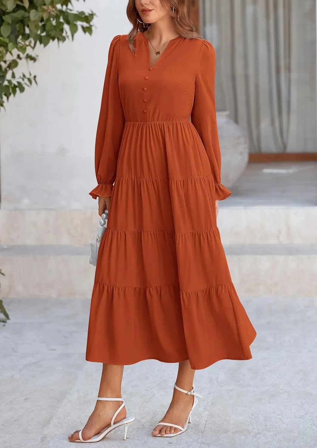 PRETTYGARDEN Women's Fall Maxi Dress Long Sleeve V Neck Tiered A Line Ruffle Elegant Flowy Spring Cocktail Party Dresses