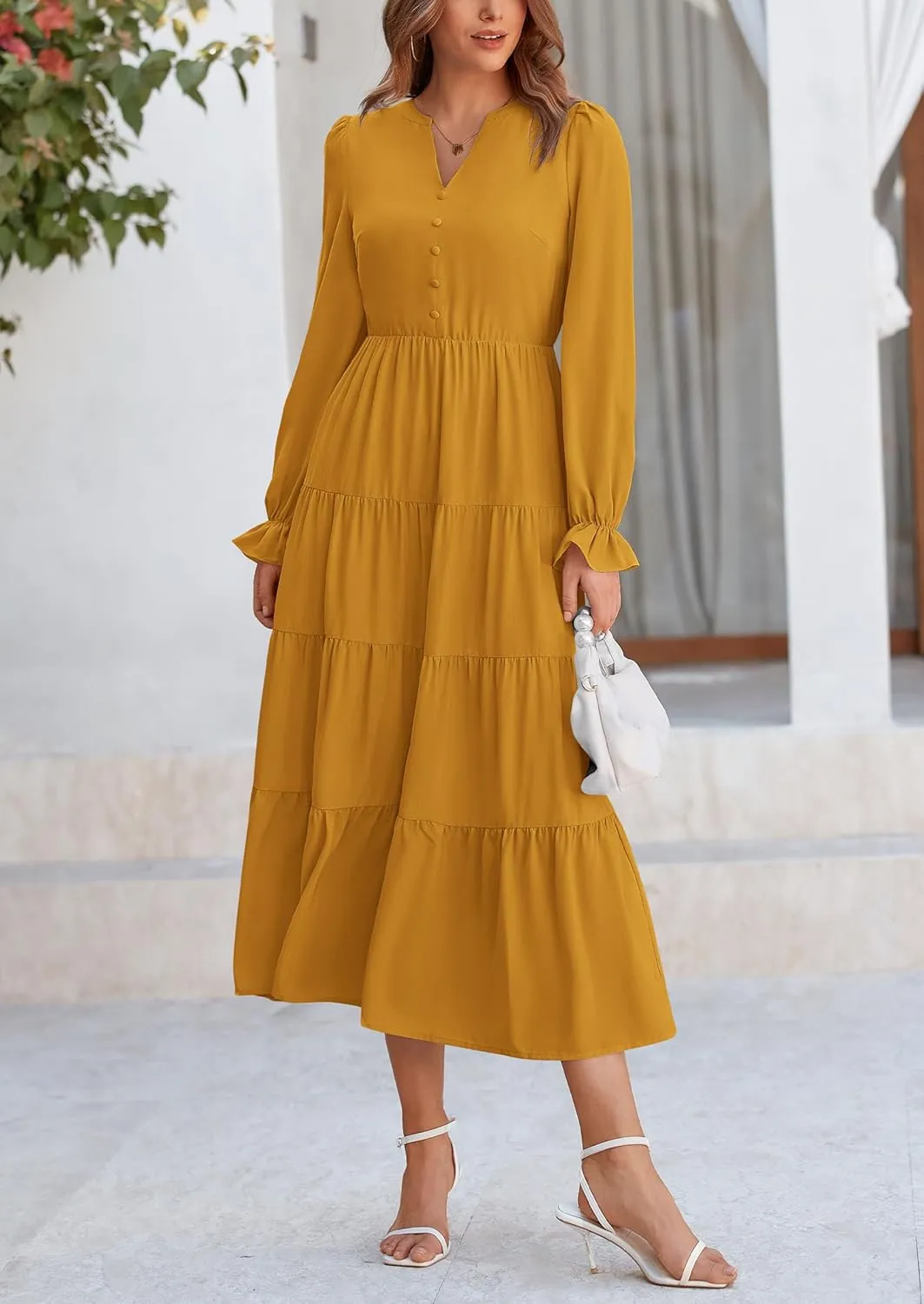 PRETTYGARDEN Women's Fall Maxi Dress Long Sleeve V Neck Tiered A Line Ruffle Elegant Flowy Spring Cocktail Party Dresses