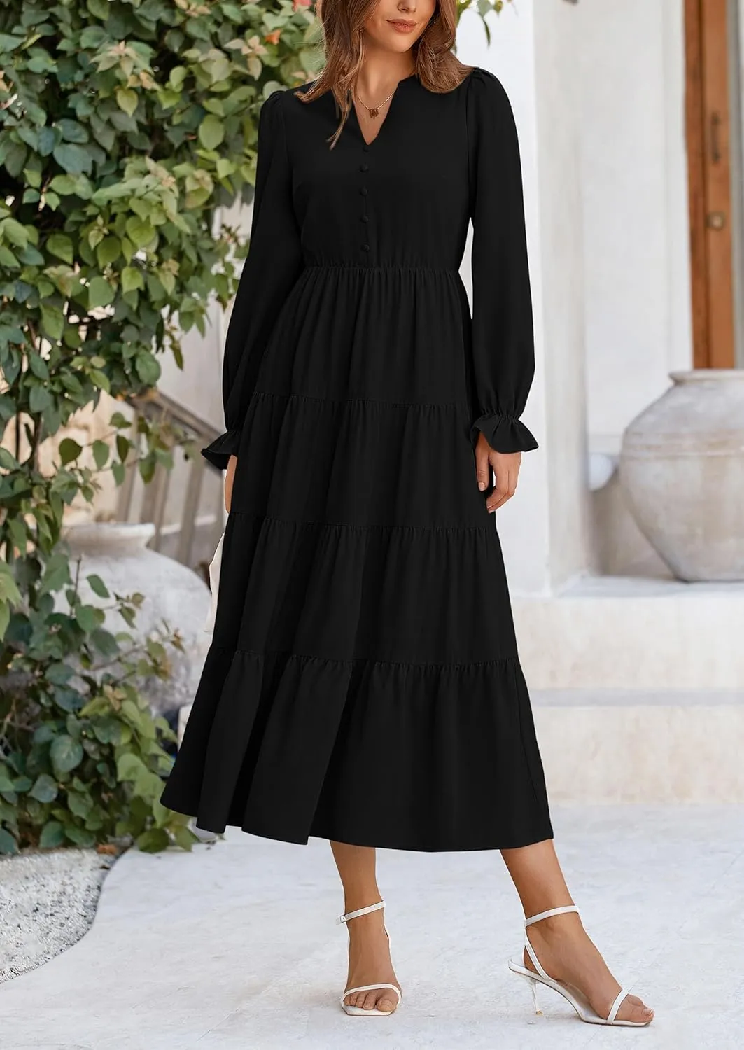 PRETTYGARDEN Women's Fall Maxi Dress Long Sleeve V Neck Tiered A Line Ruffle Elegant Flowy Spring Cocktail Party Dresses
