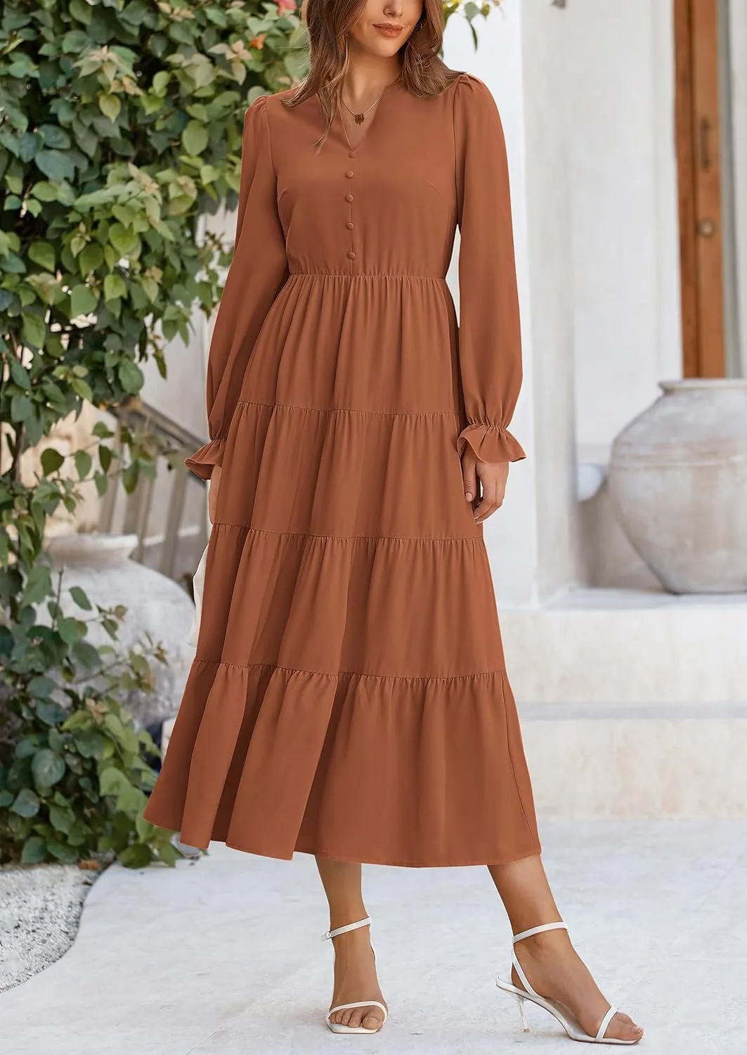 PRETTYGARDEN Women's Fall Maxi Dress Long Sleeve V Neck Tiered A Line Ruffle Elegant Flowy Spring Cocktail Party Dresses
