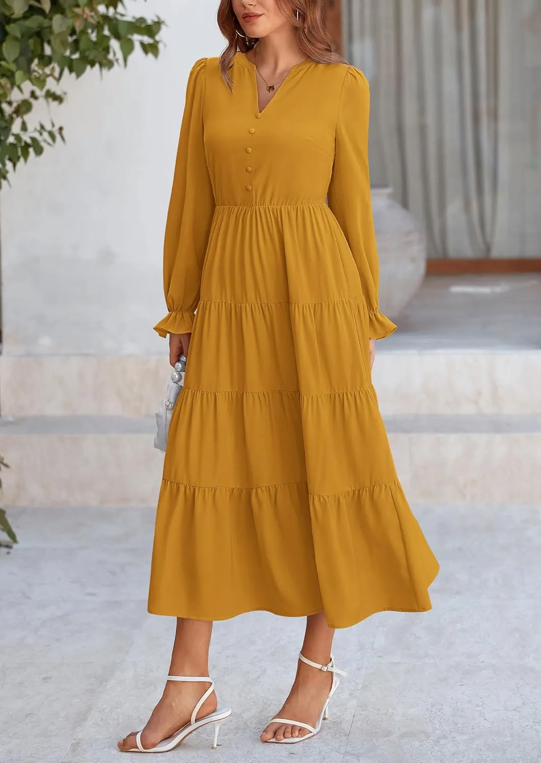 PRETTYGARDEN Women's Fall Maxi Dress Long Sleeve V Neck Tiered A Line Ruffle Elegant Flowy Spring Cocktail Party Dresses