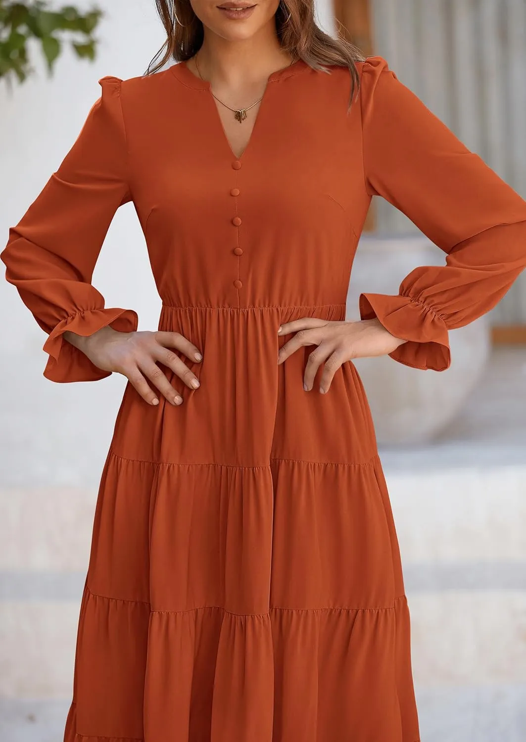 PRETTYGARDEN Women's Fall Maxi Dress Long Sleeve V Neck Tiered A Line Ruffle Elegant Flowy Spring Cocktail Party Dresses