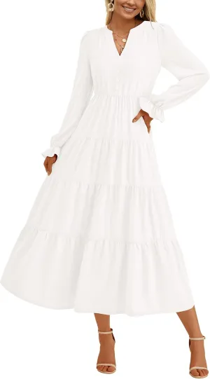 PRETTYGARDEN Women's Fall Maxi Dress Long Sleeve V Neck Tiered A Line Ruffle Elegant Flowy Spring Cocktail Party Dresses