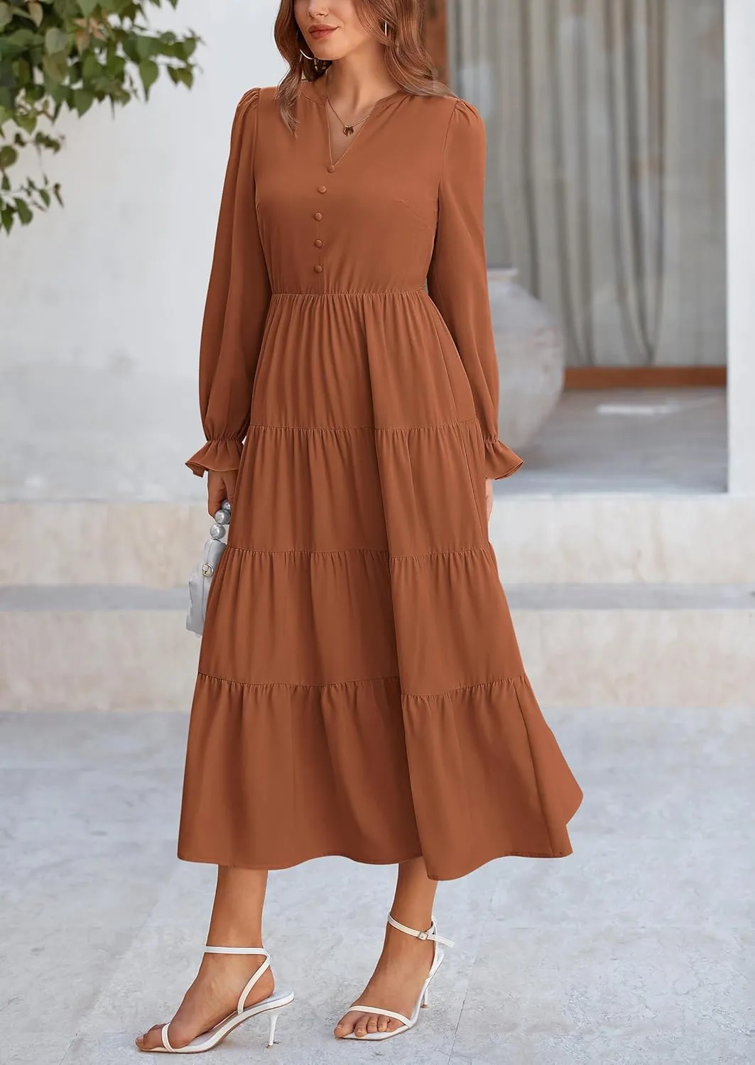 PRETTYGARDEN Women's Fall Maxi Dress Long Sleeve V Neck Tiered A Line Ruffle Elegant Flowy Spring Cocktail Party Dresses