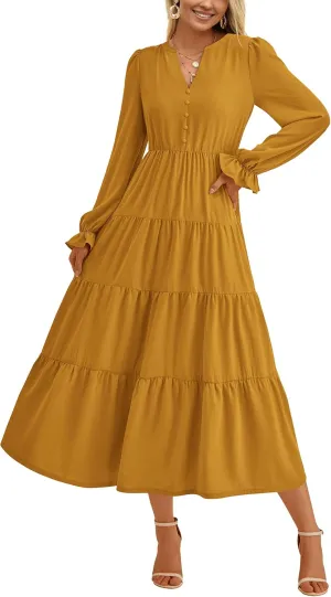 PRETTYGARDEN Women's Fall Maxi Dress Long Sleeve V Neck Tiered A Line Ruffle Elegant Flowy Spring Cocktail Party Dresses