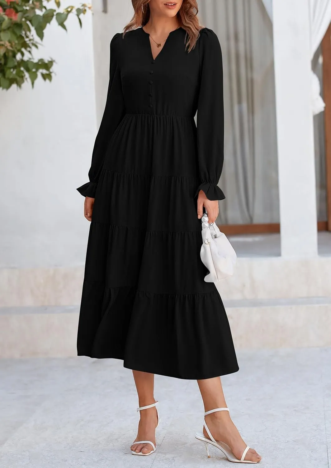 PRETTYGARDEN Women's Fall Maxi Dress Long Sleeve V Neck Tiered A Line Ruffle Elegant Flowy Spring Cocktail Party Dresses