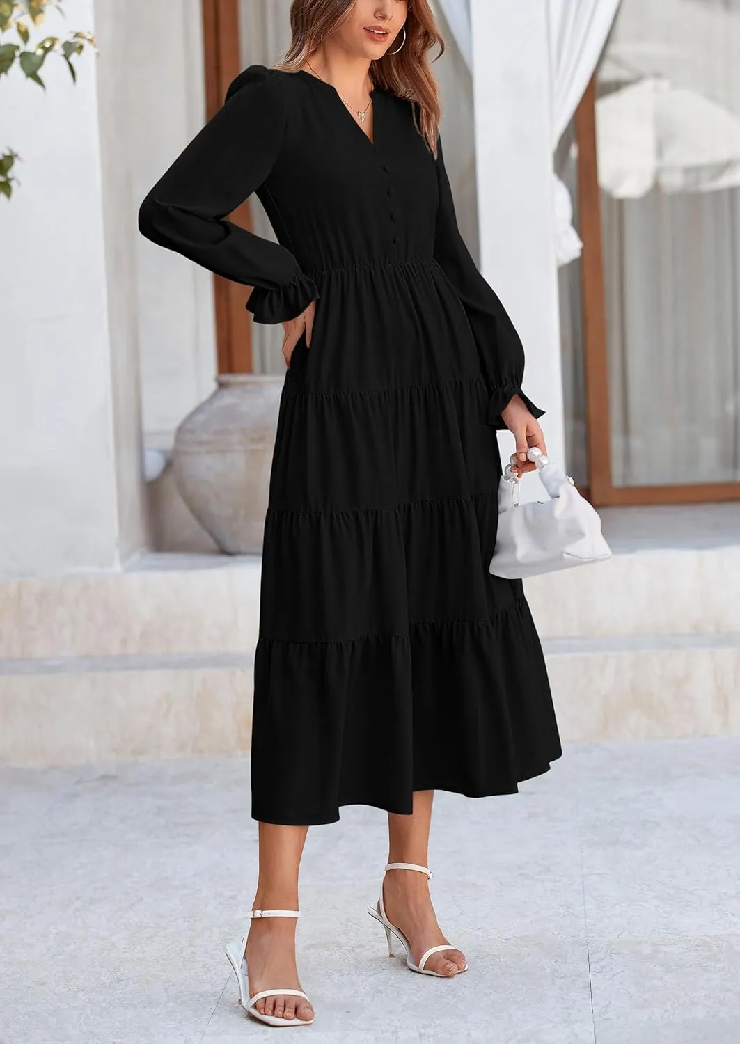 PRETTYGARDEN Women's Fall Maxi Dress Long Sleeve V Neck Tiered A Line Ruffle Elegant Flowy Spring Cocktail Party Dresses