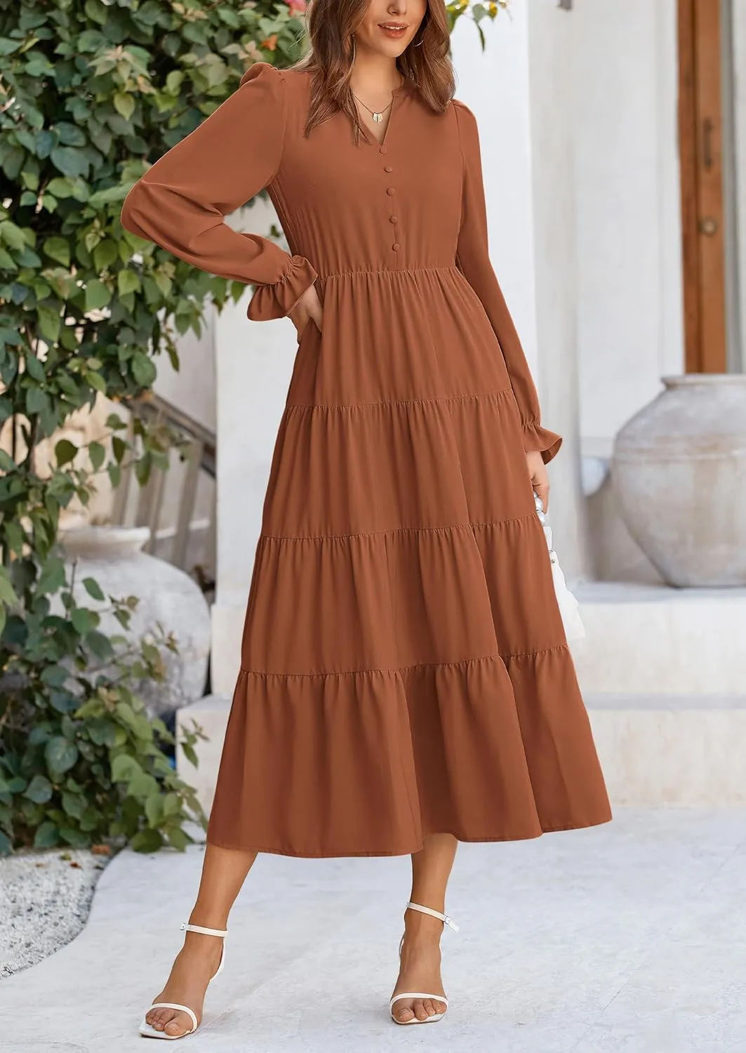 PRETTYGARDEN Women's Fall Maxi Dress Long Sleeve V Neck Tiered A Line Ruffle Elegant Flowy Spring Cocktail Party Dresses