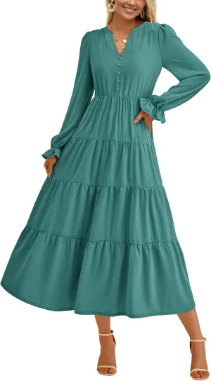 PRETTYGARDEN Women's Fall Maxi Dress Long Sleeve V Neck Tiered A Line Ruffle Elegant Flowy Spring Cocktail Party Dresses