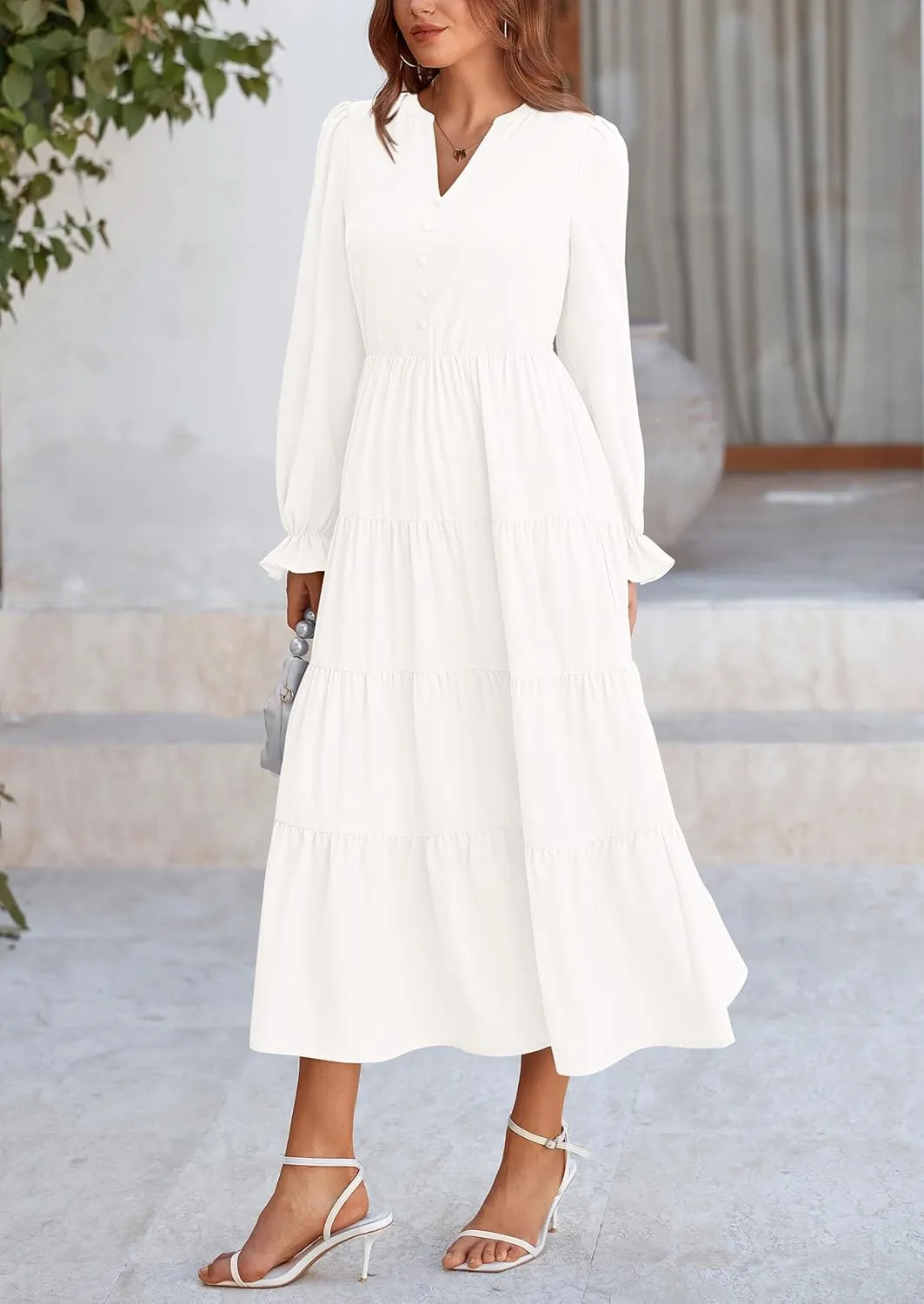PRETTYGARDEN Women's Fall Maxi Dress Long Sleeve V Neck Tiered A Line Ruffle Elegant Flowy Spring Cocktail Party Dresses