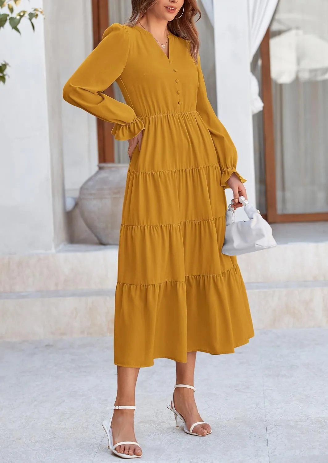 PRETTYGARDEN Women's Fall Maxi Dress Long Sleeve V Neck Tiered A Line Ruffle Elegant Flowy Spring Cocktail Party Dresses