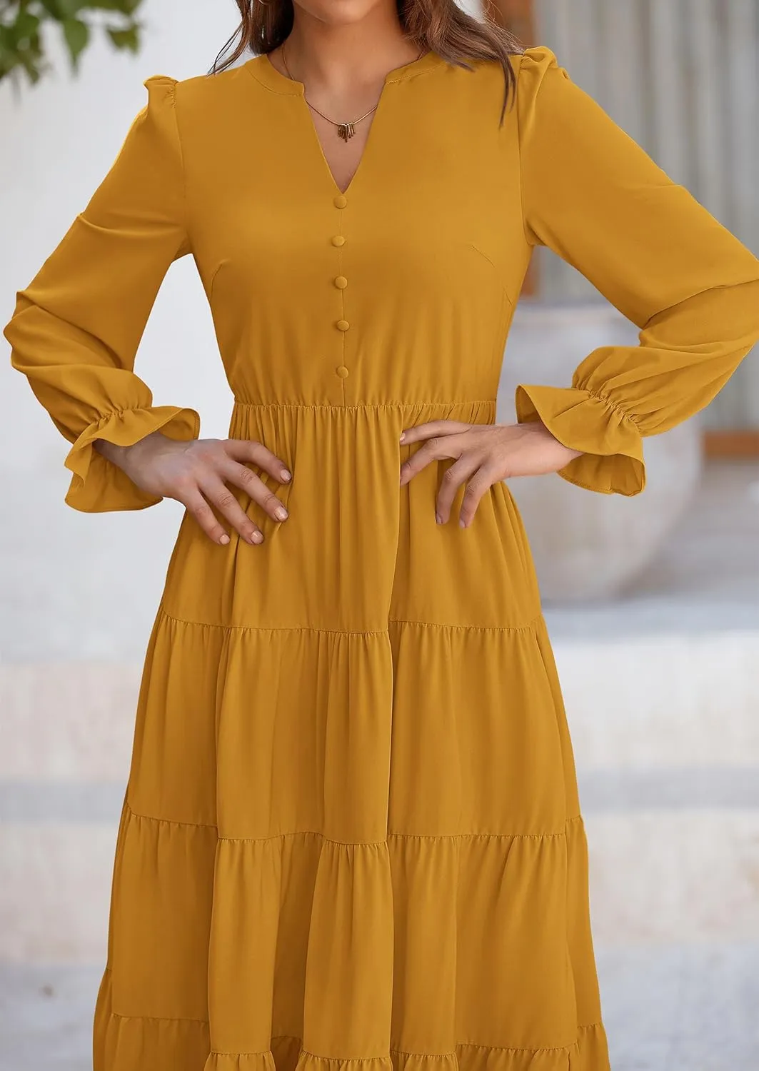PRETTYGARDEN Women's Fall Maxi Dress Long Sleeve V Neck Tiered A Line Ruffle Elegant Flowy Spring Cocktail Party Dresses