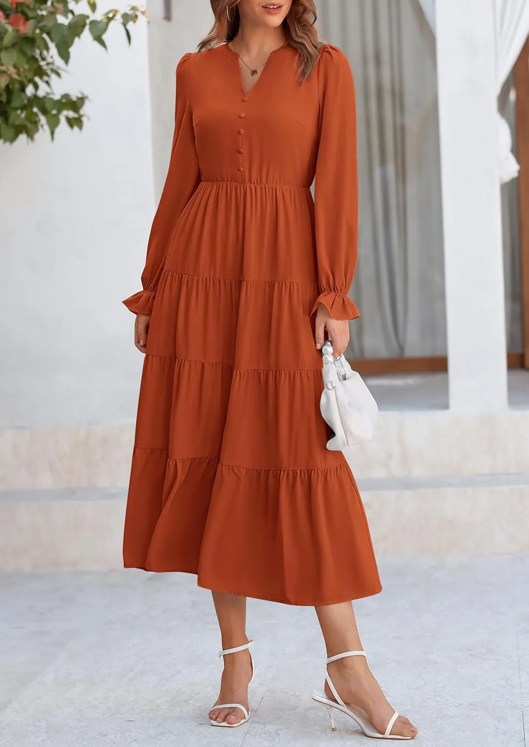PRETTYGARDEN Women's Fall Maxi Dress Long Sleeve V Neck Tiered A Line Ruffle Elegant Flowy Spring Cocktail Party Dresses