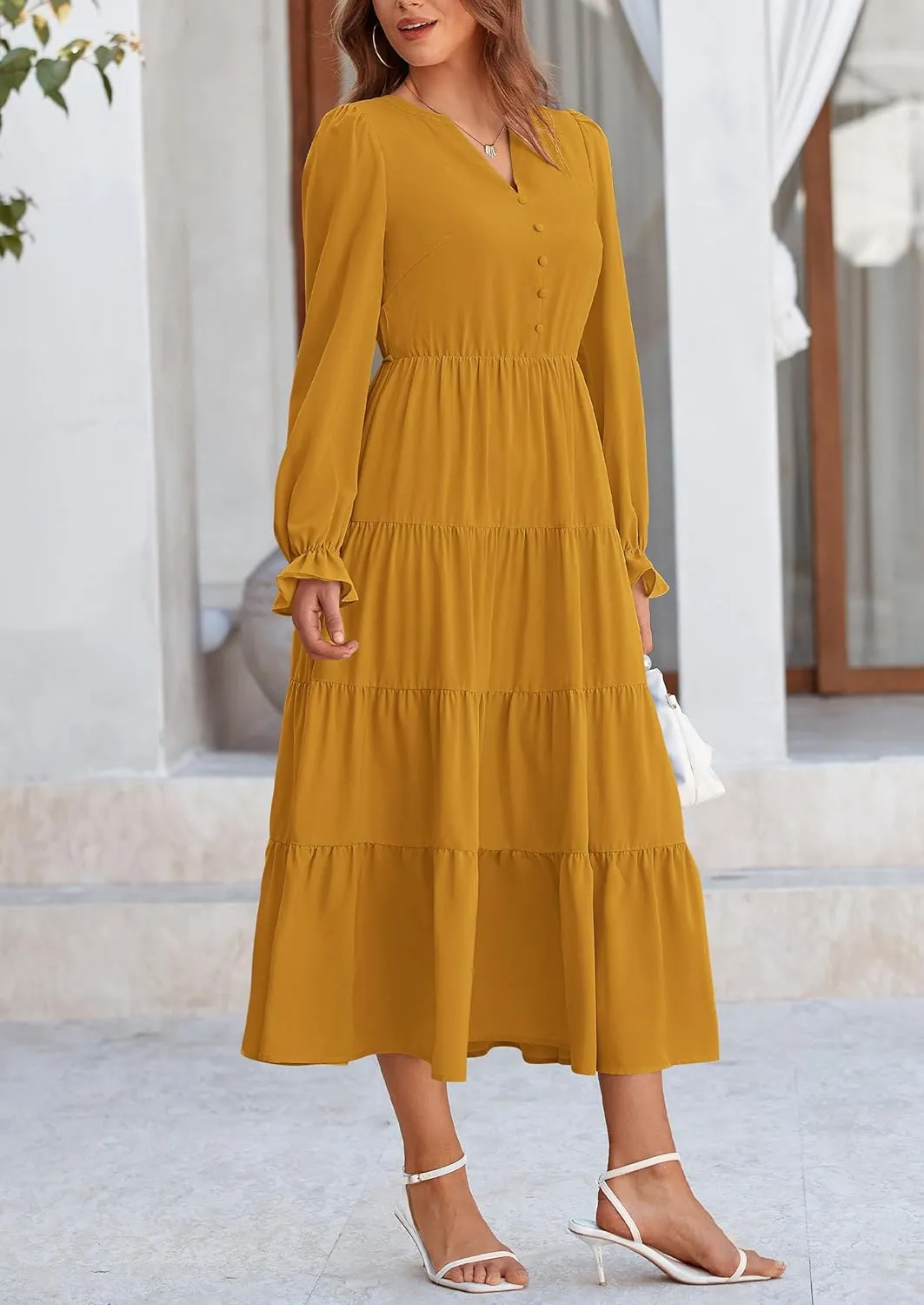 PRETTYGARDEN Women's Fall Maxi Dress Long Sleeve V Neck Tiered A Line Ruffle Elegant Flowy Spring Cocktail Party Dresses