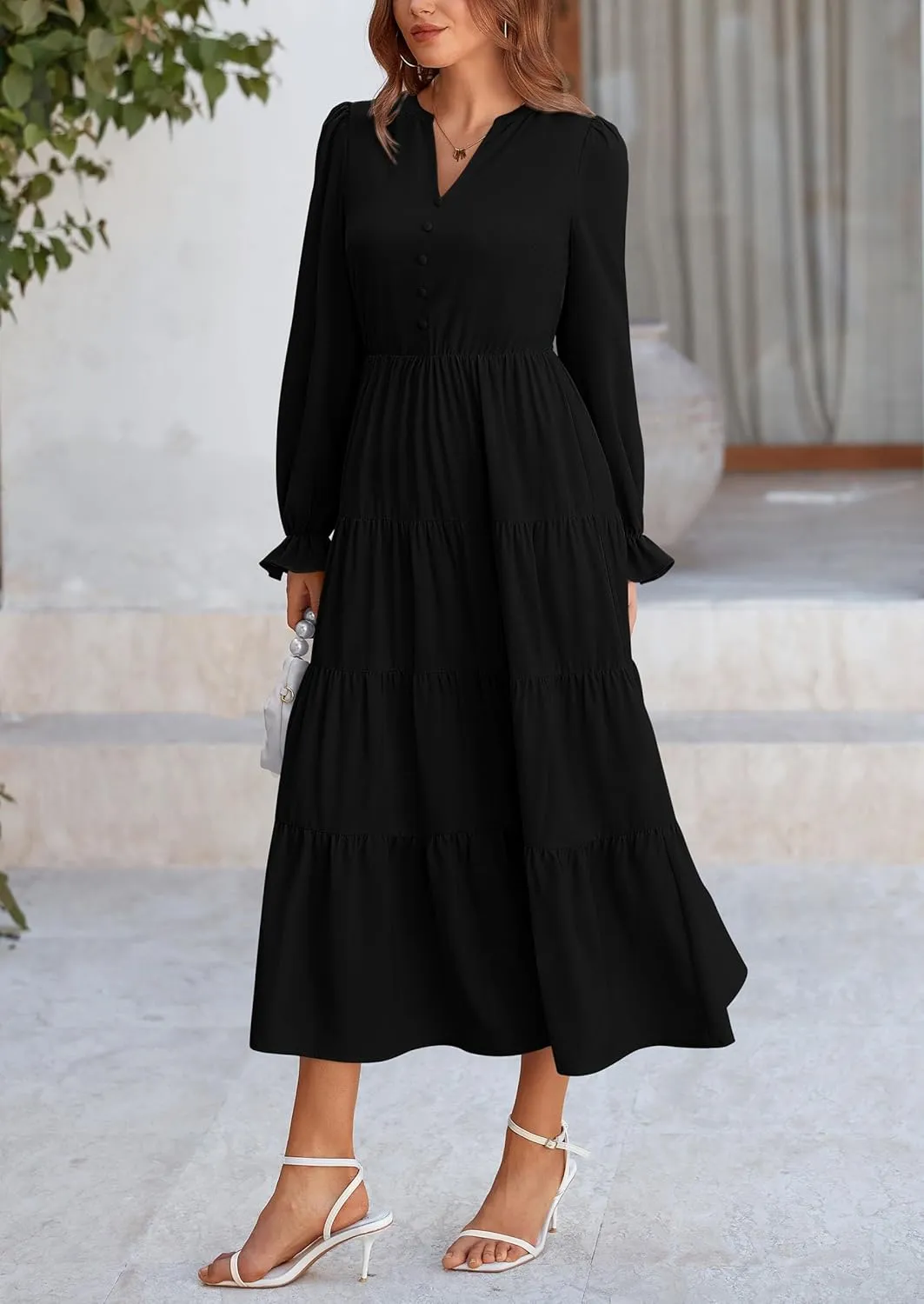 PRETTYGARDEN Women's Fall Maxi Dress Long Sleeve V Neck Tiered A Line Ruffle Elegant Flowy Spring Cocktail Party Dresses
