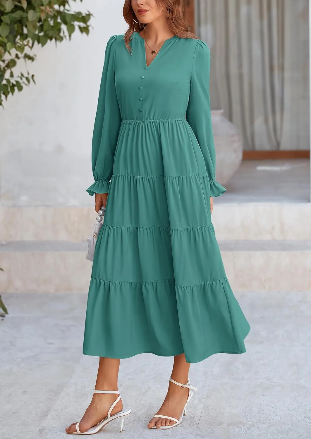 PRETTYGARDEN Women's Fall Maxi Dress Long Sleeve V Neck Tiered A Line Ruffle Elegant Flowy Spring Cocktail Party Dresses