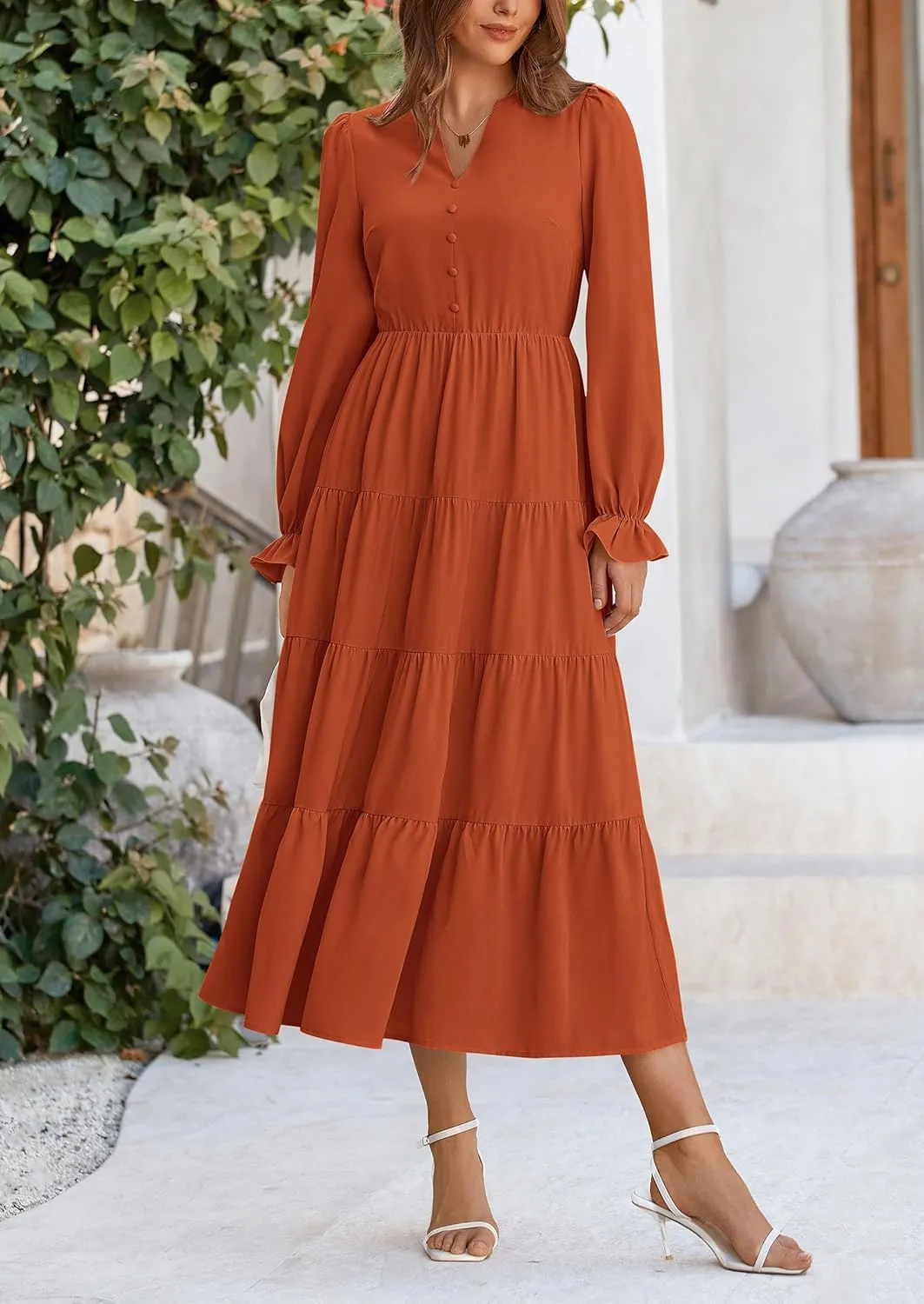 PRETTYGARDEN Women's Fall Maxi Dress Long Sleeve V Neck Tiered A Line Ruffle Elegant Flowy Spring Cocktail Party Dresses