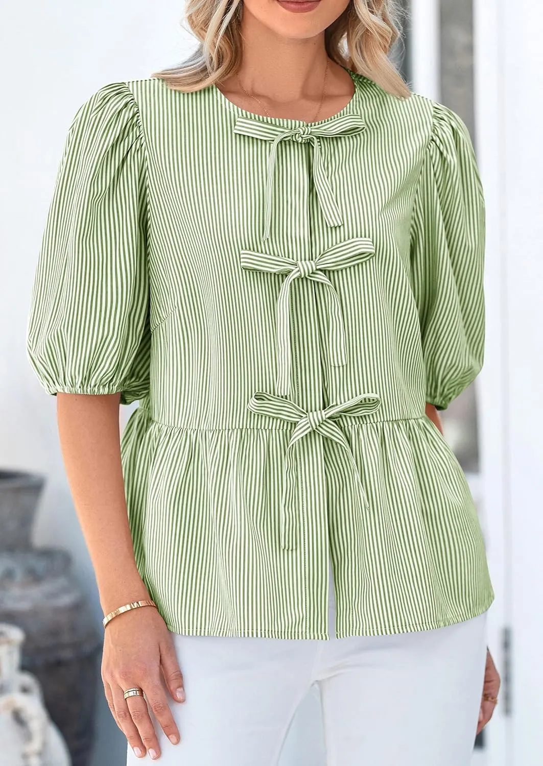 PRETTYGARDEN Women's Tie Front Striped Shirt 2025 Summer Trendy Fashion Cute Babydoll Tops Peplum Puffy Sleeve Blouse