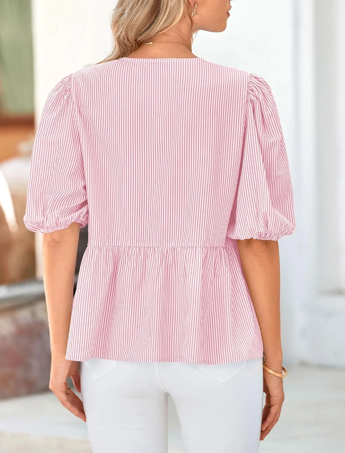 PRETTYGARDEN Women's Tie Front Striped Shirt 2025 Summer Trendy Fashion Cute Babydoll Tops Peplum Puffy Sleeve Blouse