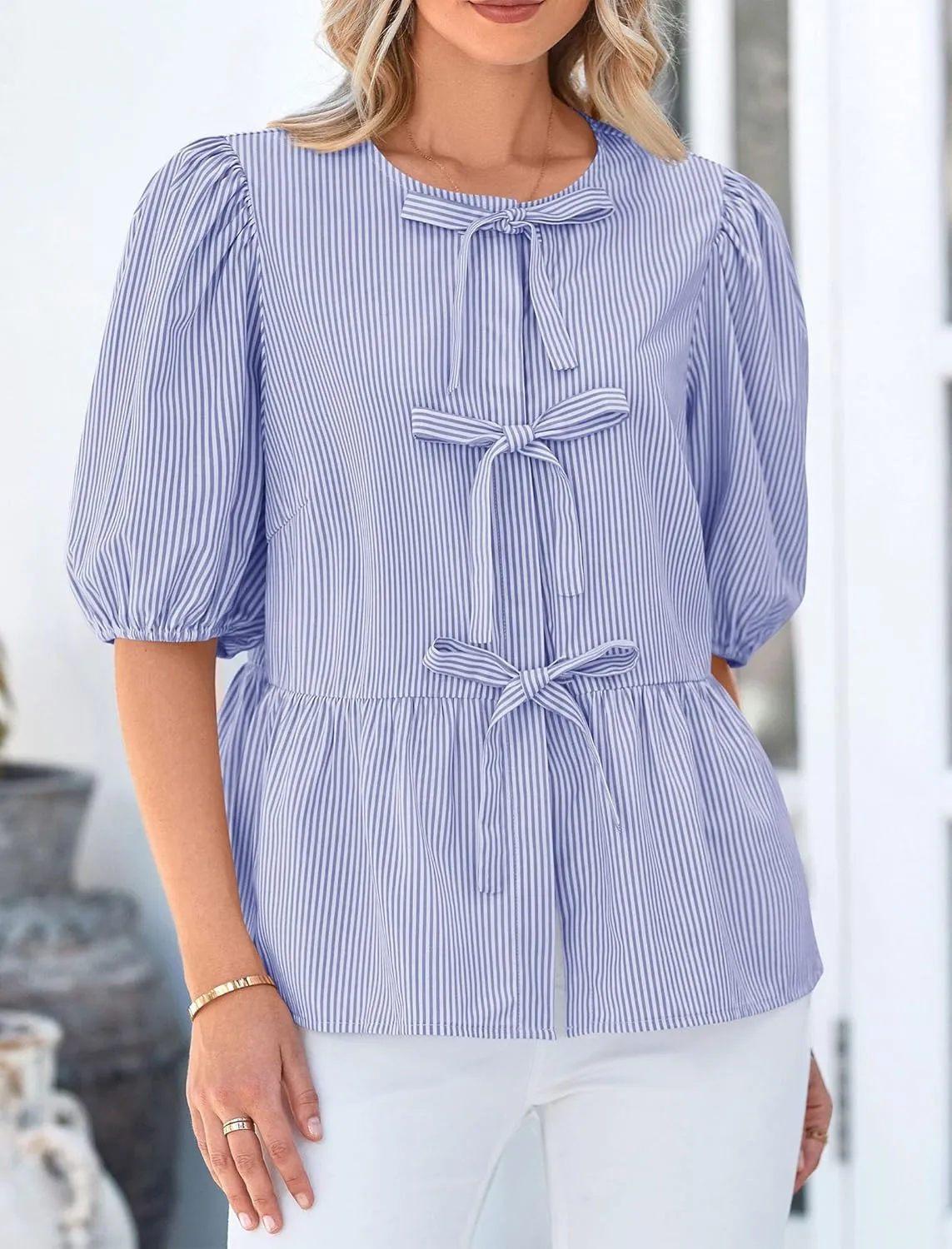 PRETTYGARDEN Women's Tie Front Striped Shirt 2025 Summer Trendy Fashion Cute Babydoll Tops Peplum Puffy Sleeve Blouse