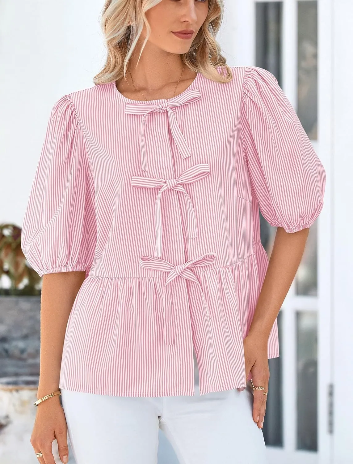 PRETTYGARDEN Women's Tie Front Striped Shirt 2025 Summer Trendy Fashion Cute Babydoll Tops Peplum Puffy Sleeve Blouse