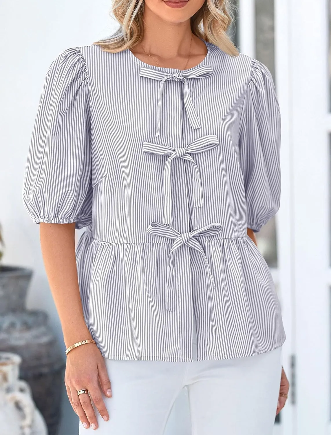 PRETTYGARDEN Women's Tie Front Striped Shirt 2025 Summer Trendy Fashion Cute Babydoll Tops Peplum Puffy Sleeve Blouse