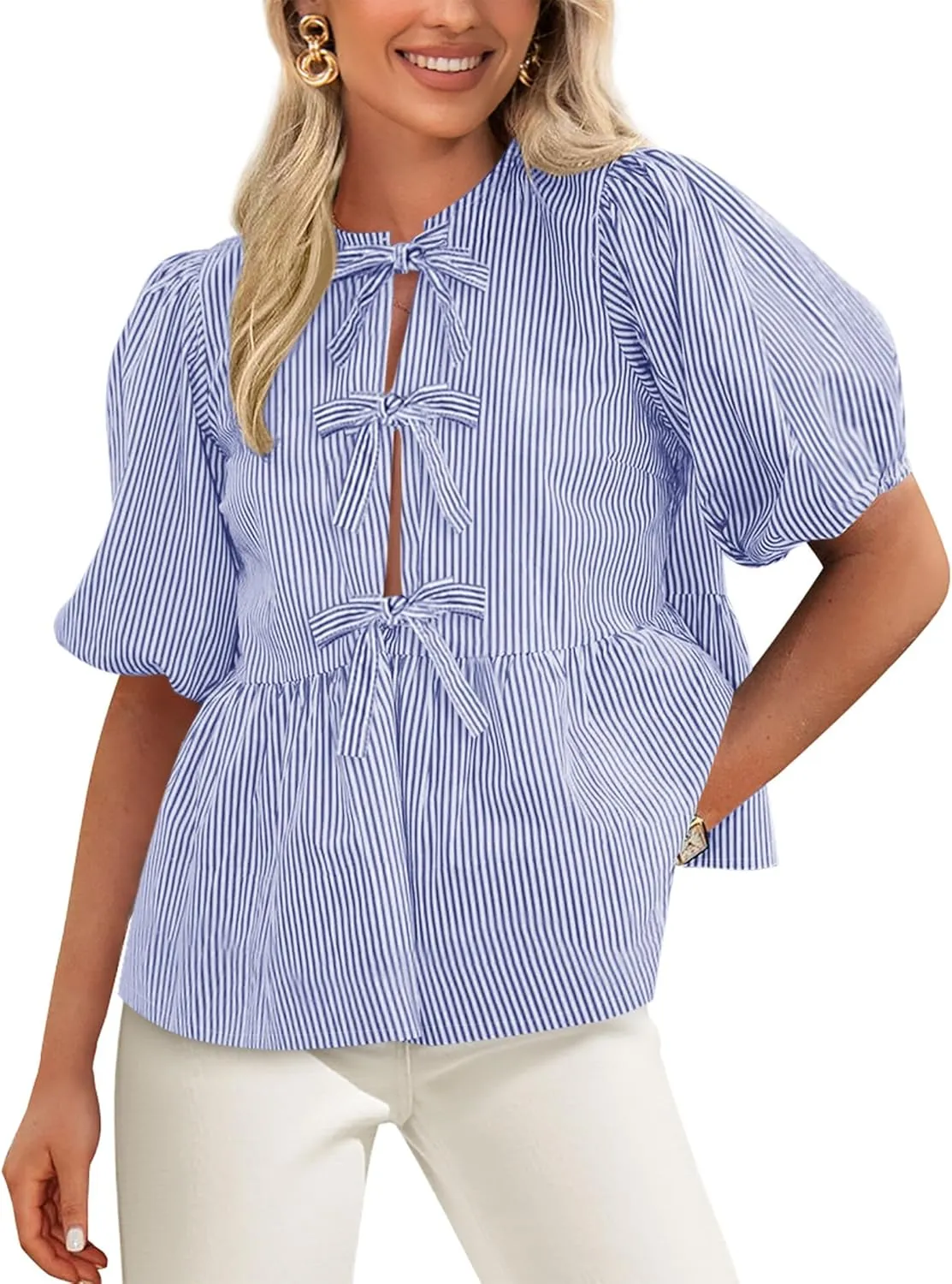 PRETTYGARDEN Women's Tie Front Striped Shirt 2025 Summer Trendy Fashion Cute Babydoll Tops Peplum Puffy Sleeve Blouse