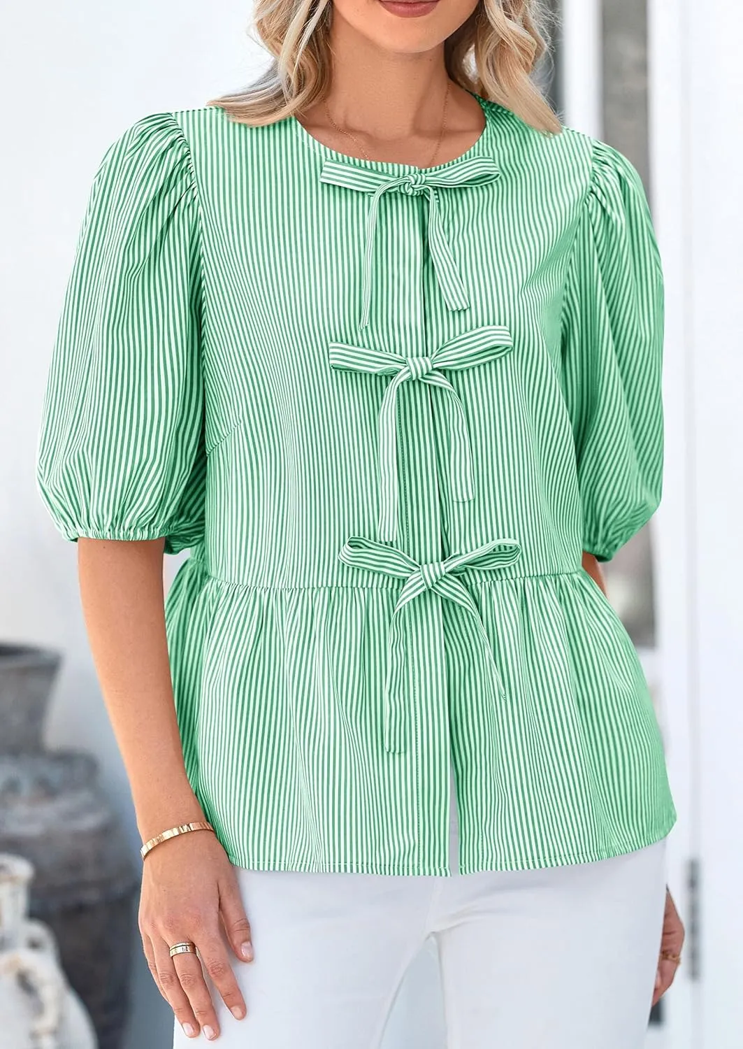 PRETTYGARDEN Women's Tie Front Striped Shirt 2025 Summer Trendy Fashion Cute Babydoll Tops Peplum Puffy Sleeve Blouse