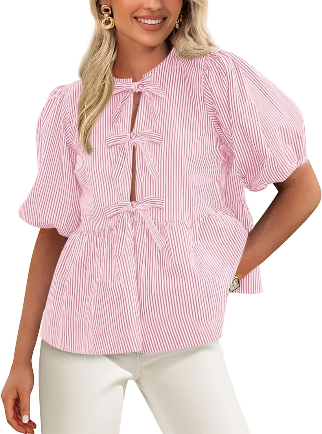 PRETTYGARDEN Women's Tie Front Striped Shirt 2025 Summer Trendy Fashion Cute Babydoll Tops Peplum Puffy Sleeve Blouse