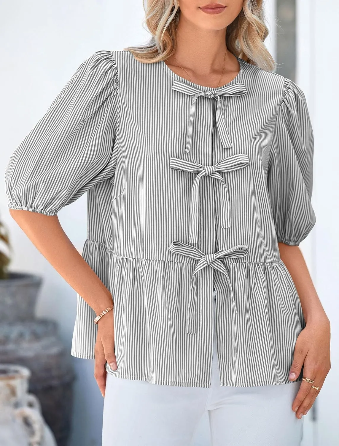 PRETTYGARDEN Women's Tie Front Striped Shirt 2025 Summer Trendy Fashion Cute Babydoll Tops Peplum Puffy Sleeve Blouse