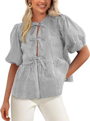 PRETTYGARDEN Women's Tie Front Striped Shirt 2025 Summer Trendy Fashion Cute Babydoll Tops Peplum Puffy Sleeve Blouse