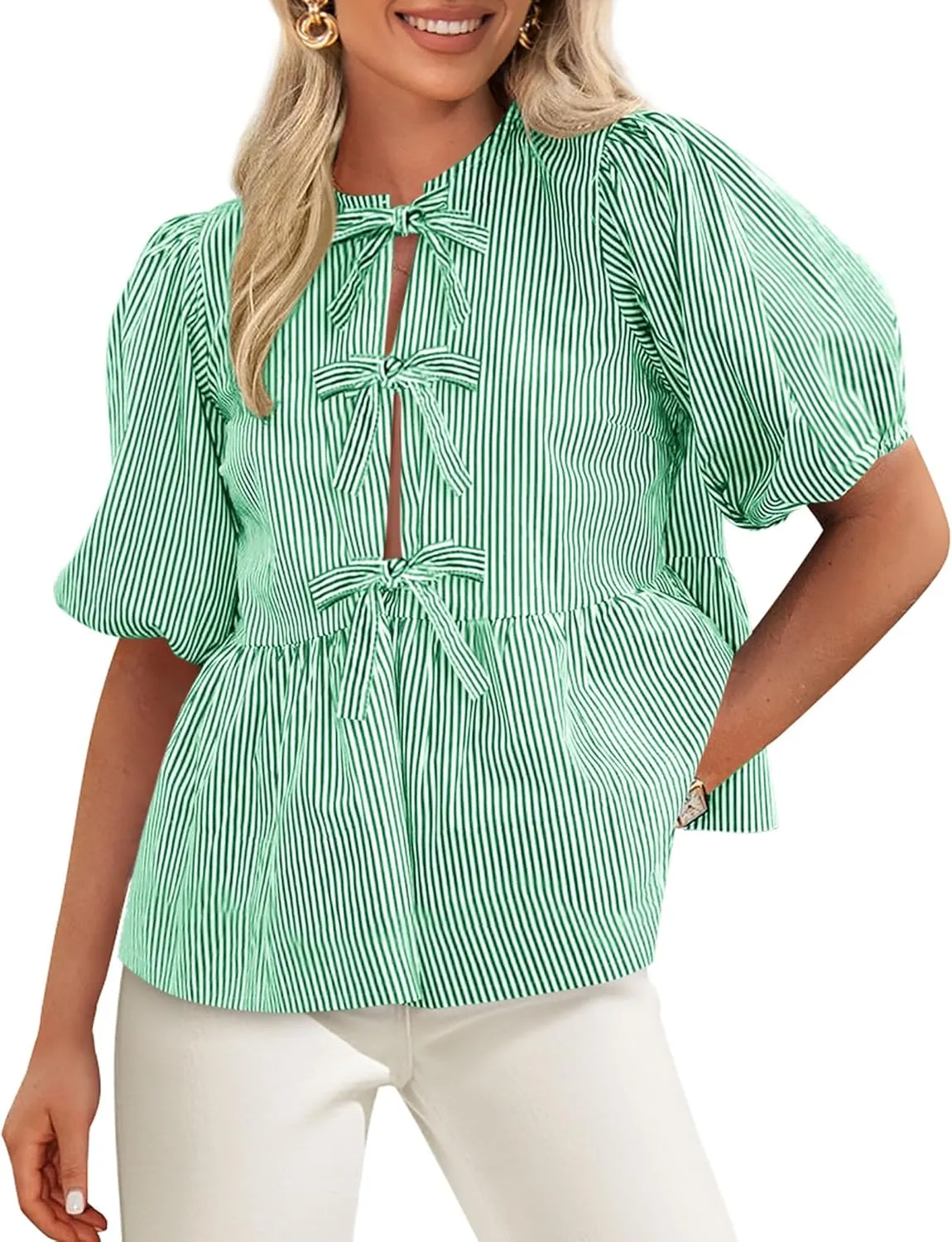 PRETTYGARDEN Women's Tie Front Striped Shirt 2025 Summer Trendy Fashion Cute Babydoll Tops Peplum Puffy Sleeve Blouse