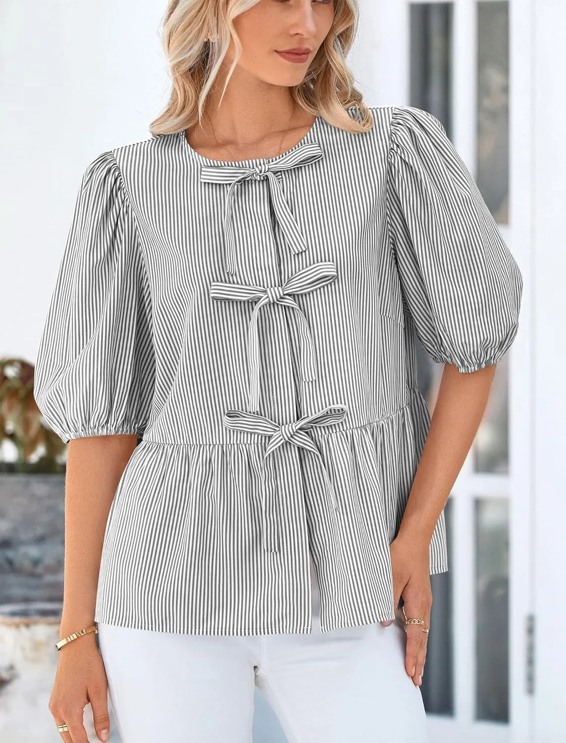 PRETTYGARDEN Women's Tie Front Striped Shirt 2025 Summer Trendy Fashion Cute Babydoll Tops Peplum Puffy Sleeve Blouse