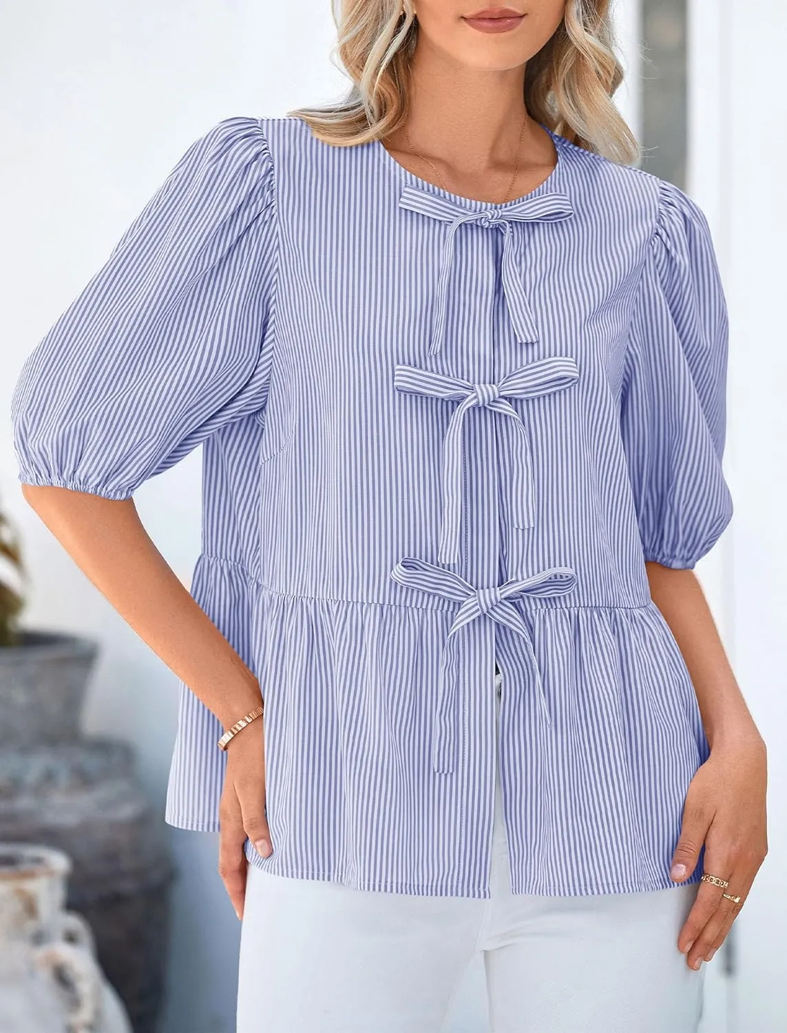 PRETTYGARDEN Women's Tie Front Striped Shirt 2025 Summer Trendy Fashion Cute Babydoll Tops Peplum Puffy Sleeve Blouse