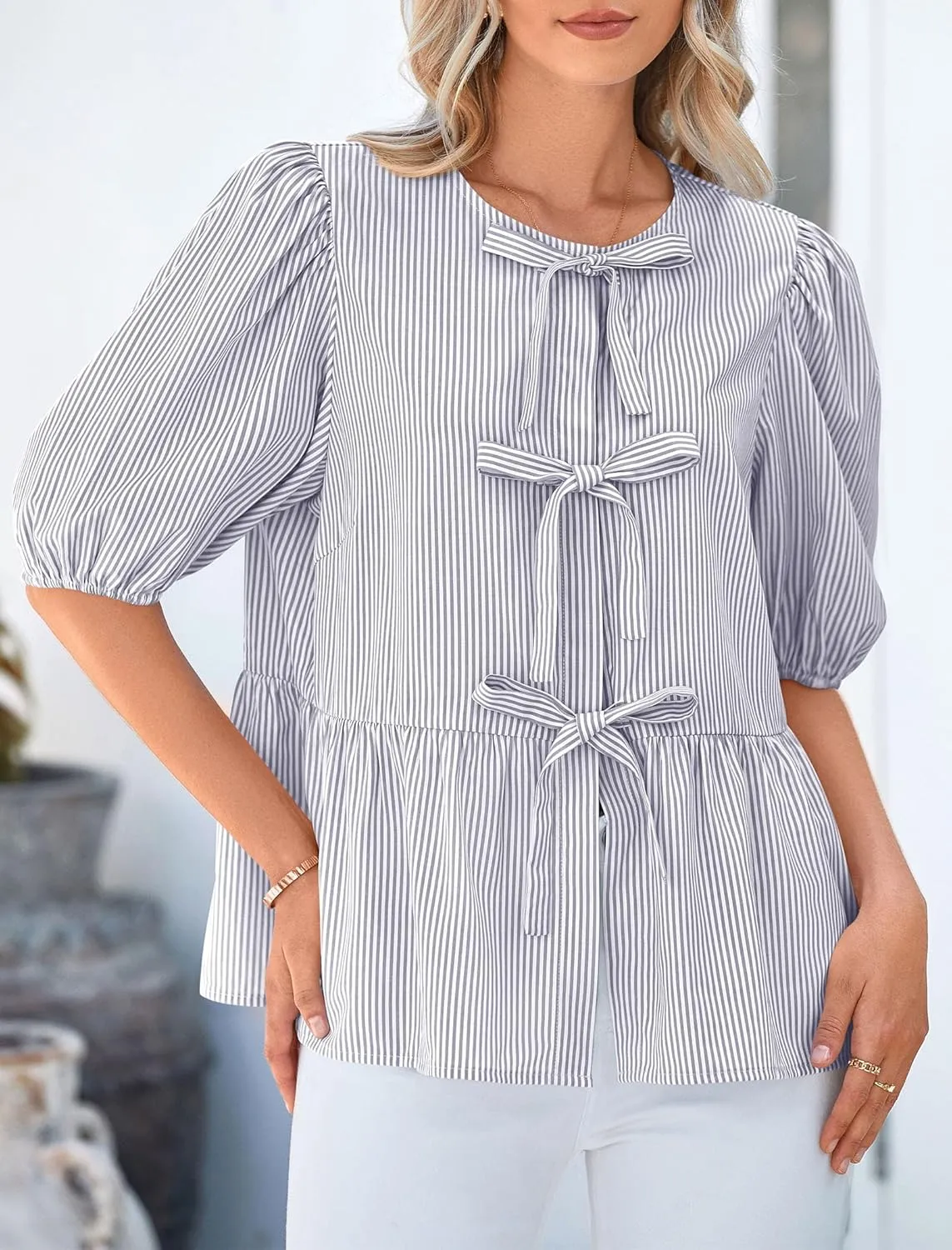 PRETTYGARDEN Women's Tie Front Striped Shirt 2025 Summer Trendy Fashion Cute Babydoll Tops Peplum Puffy Sleeve Blouse