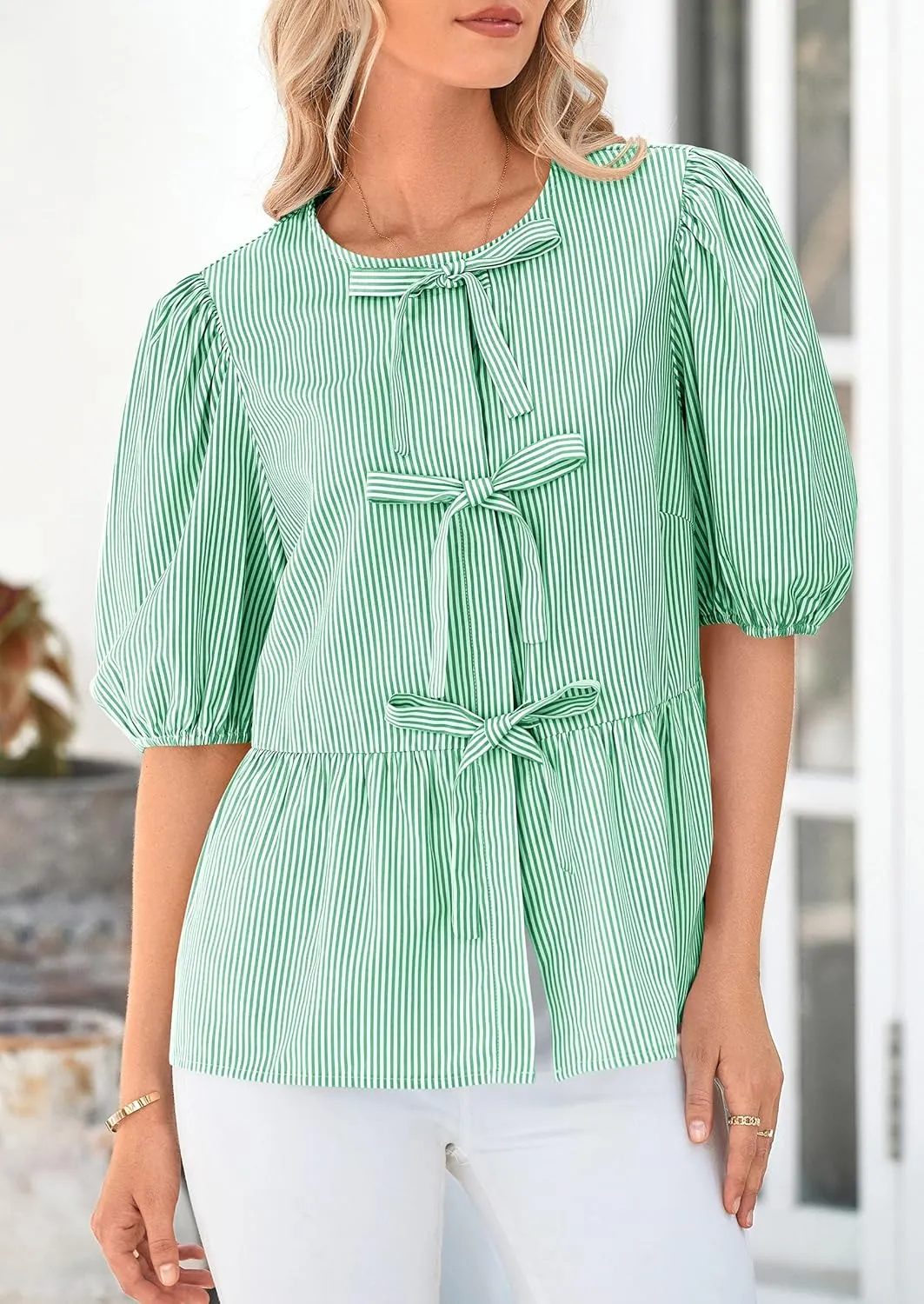 PRETTYGARDEN Women's Tie Front Striped Shirt 2025 Summer Trendy Fashion Cute Babydoll Tops Peplum Puffy Sleeve Blouse