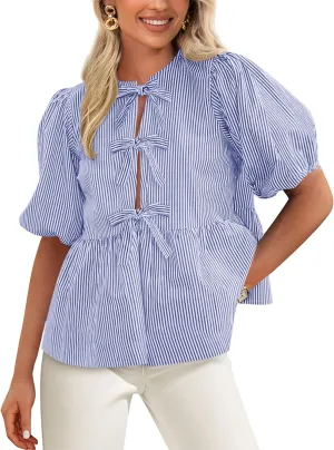 PRETTYGARDEN Women's Tie Front Striped Shirt 2025 Summer Trendy Fashion Cute Babydoll Tops Peplum Puffy Sleeve Blouse