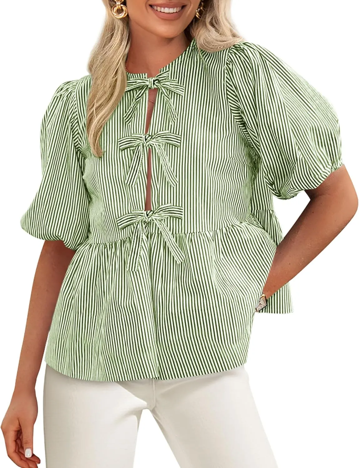 PRETTYGARDEN Women's Tie Front Striped Shirt 2025 Summer Trendy Fashion Cute Babydoll Tops Peplum Puffy Sleeve Blouse