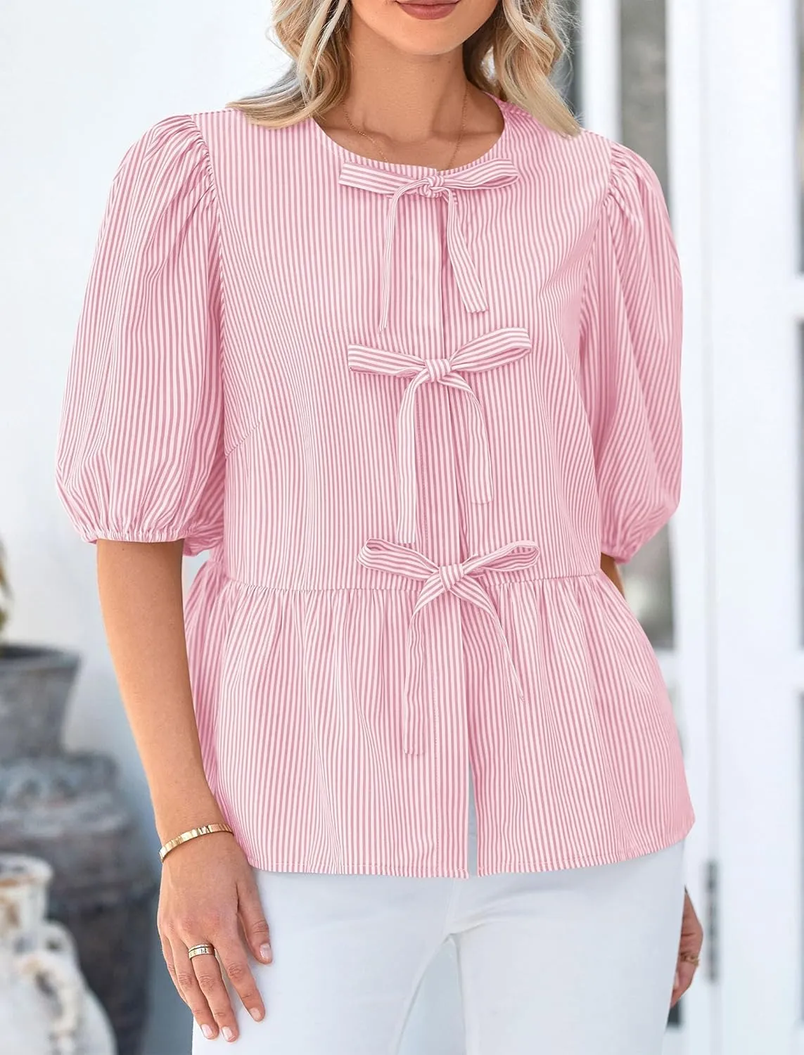 PRETTYGARDEN Women's Tie Front Striped Shirt 2025 Summer Trendy Fashion Cute Babydoll Tops Peplum Puffy Sleeve Blouse